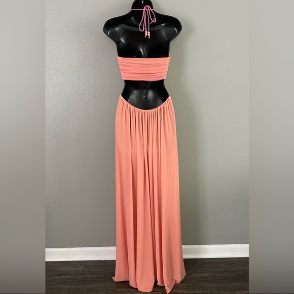 Staud Pink Peach Reversible Mesh Colorblock Kanha Halter Maxi Dress Size S Guava - Picture 5 of 10